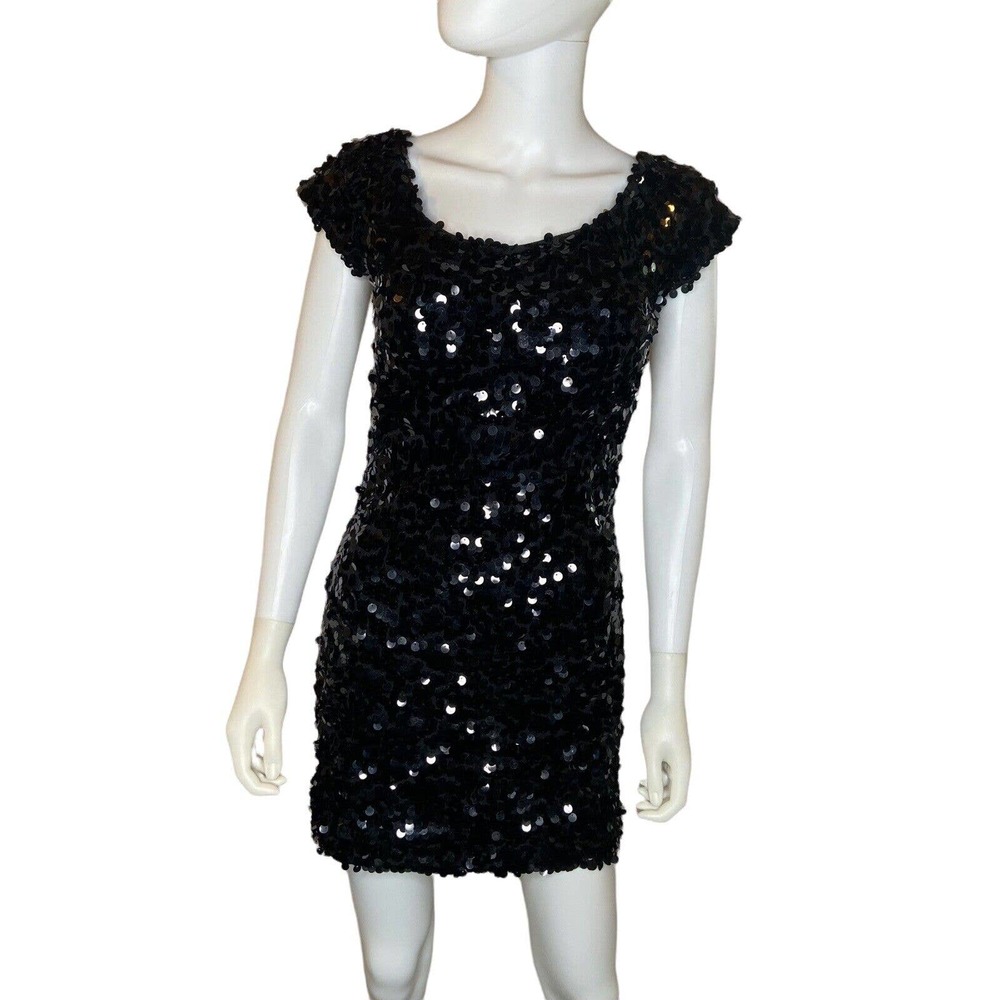 Flirt by Maggie Sottero Black Short Sleeve Sequin Stretch Mini Dress sz 8 - Picture 2 of 7